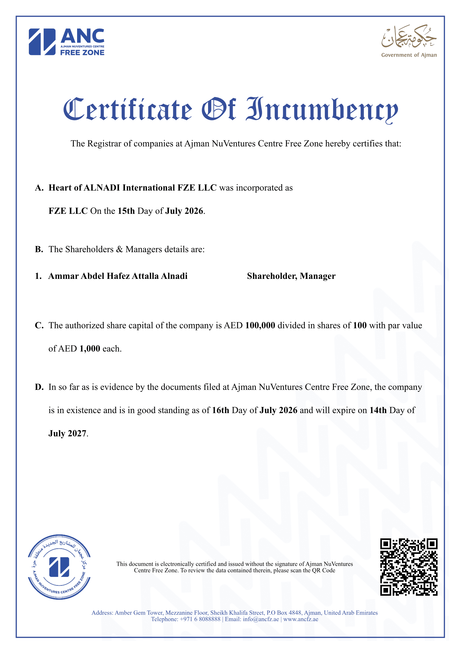 Certificate of Incumbency
