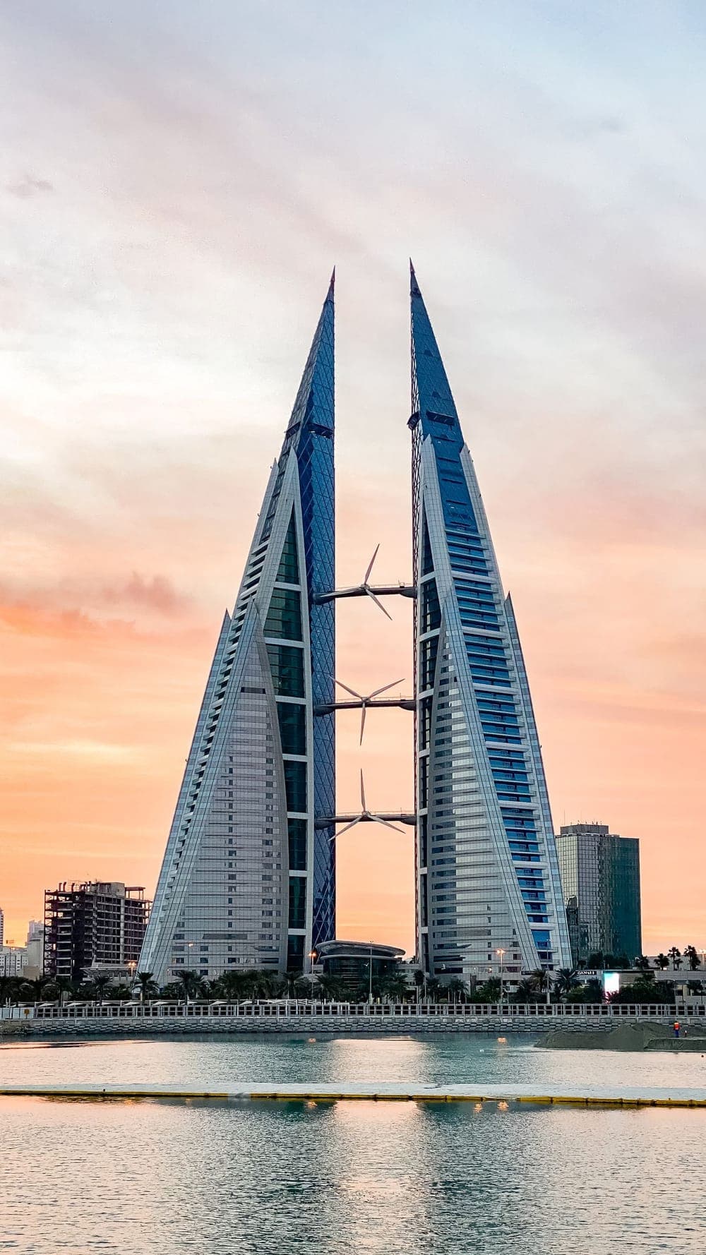 The Bahrain World Trade Center towers in Manama at dusk